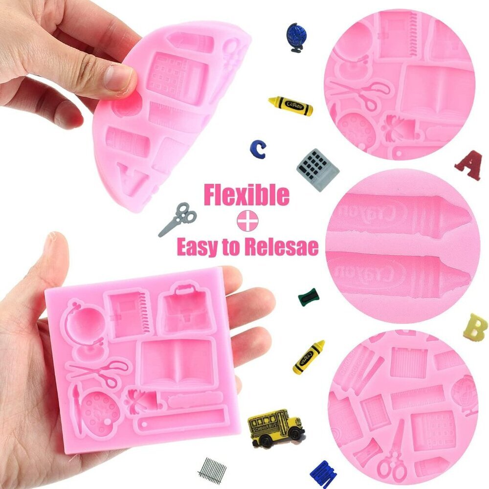 Back to School Silicone Molds Fondant Candy School Bus Book Scissor Drawing Pen - Picture 3 of 9